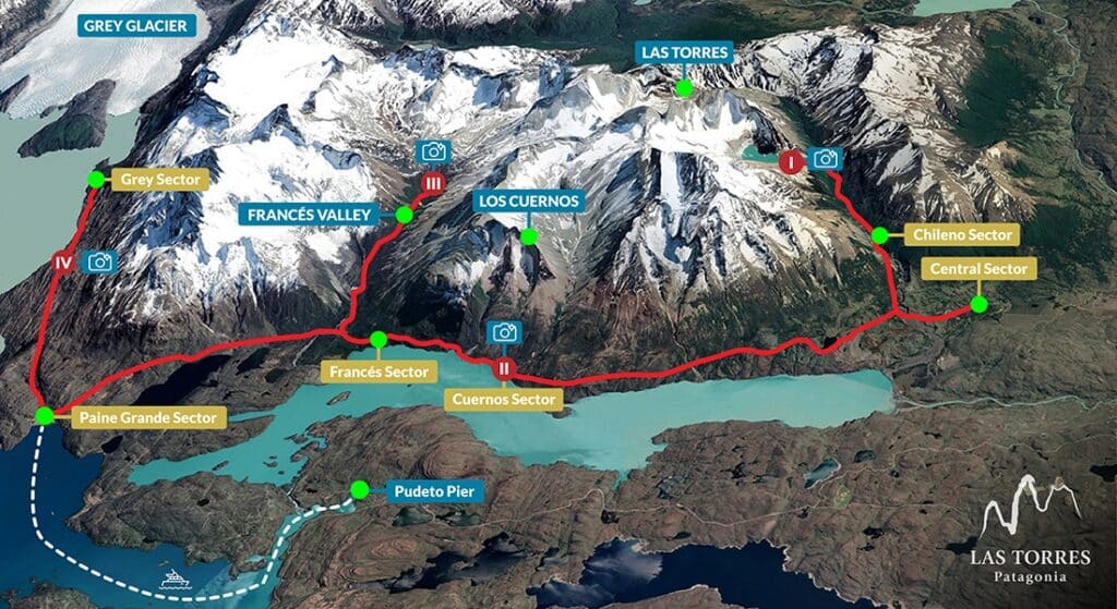 Una imagen del Mapa W Trek Patagonia que muestra las distancias de los senderos y las rutas disponibles para los excursionistas.
