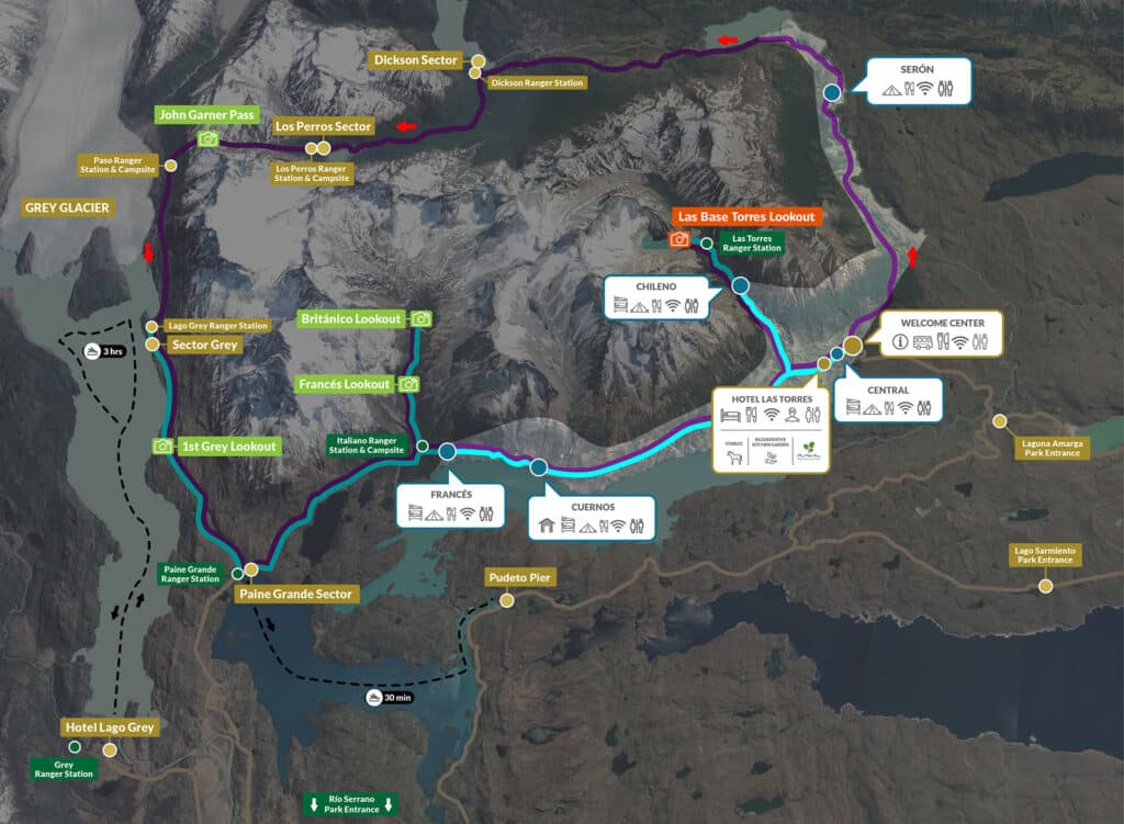 Un mapa del Parque Nacional Torres del Paine en Chile, mostrando el sendero W Trek
